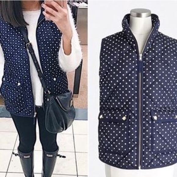 J. Crew Navy Polka Dot Quilted Puffer Vest Full zip up Pockets Gold hardware S - Picture 1 of 12